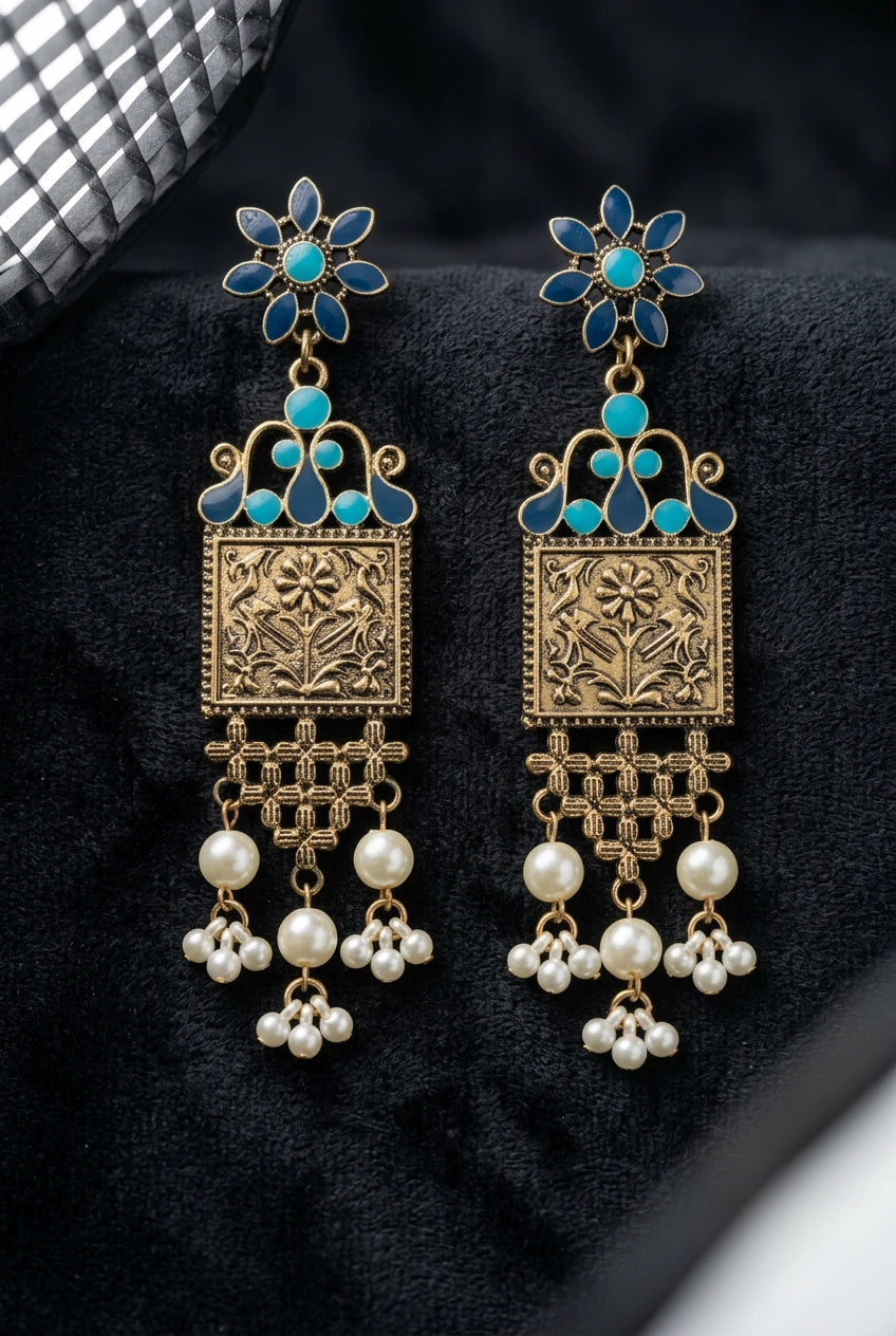 Floral Antique-Finish Dangler Earrings with Enamel & Pearl Bead Drops (Teal Blue/Navy or Orange/Pink)