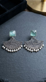 Mint Green Stone Silver-Tone Textured Triangle Drop Earrings with Pearl Bead Fringe - Mint Green