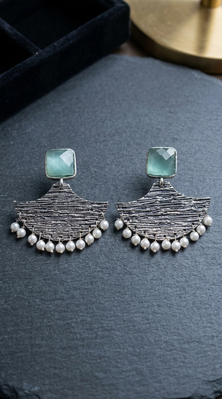 Mint Green Stone Silver-Tone Textured Triangle Drop Earrings with Pearl Bead Fringe - Mint Green