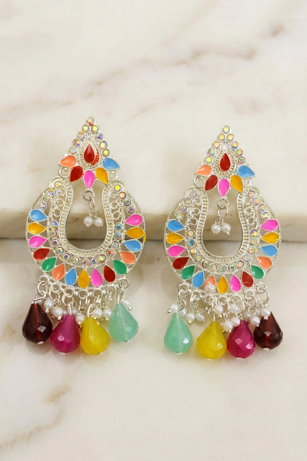 Multi Color Teardrop Stud Dangle Earrings with Beads & Stones, Sparkly Fashion Jewellery for Women - Multi color