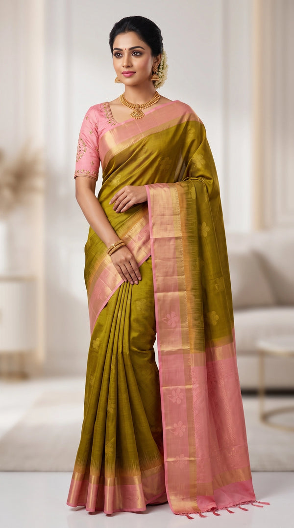Peach & Olive Soft Silk Saree with Contrast Border and Pallu - Peach & Olive