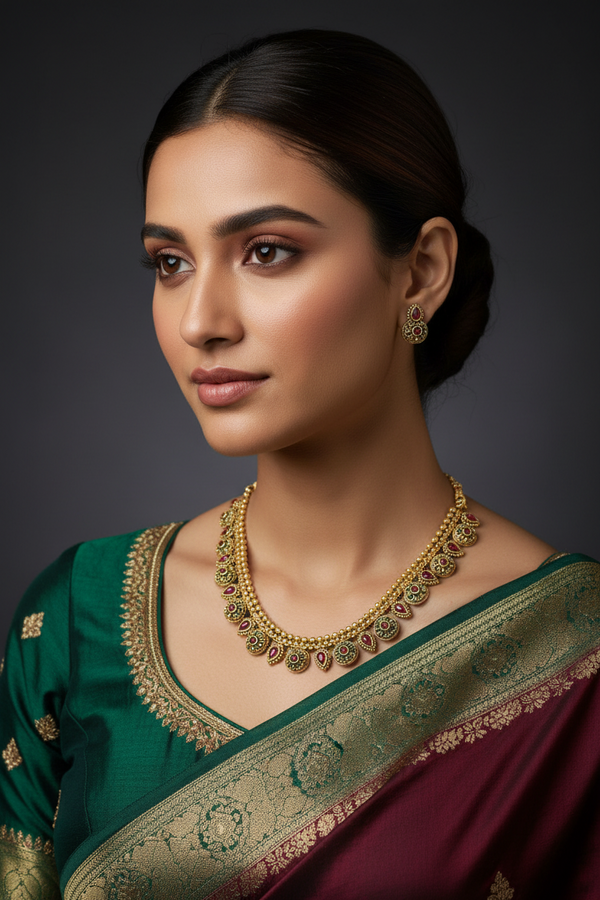 Green Traditional Gold-Tone Multicolor Necklace Set