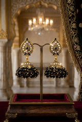 Traditional Jhumka Earrings with Dome Design, White Stone Work and Beaded Dangler, Pink & Black Options