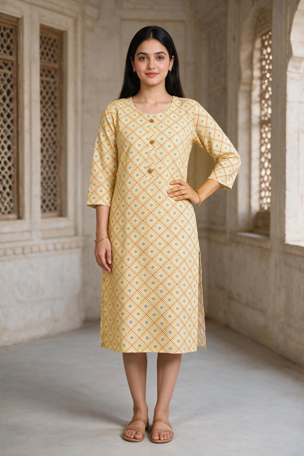 Yellow Cotton Kurti with Floral Print, Lace Detailing and Wooden Button Placket for Women - Yellow