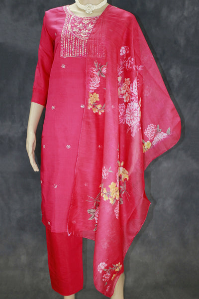 Beautiful Dark Pink Roman Silk 3 Piece Set with Embroidery - Dark Pink