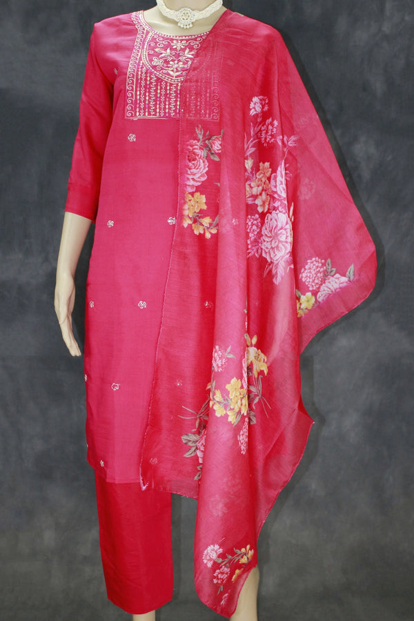 Beautiful Dark Pink Roman Silk 3 Piece Set with Embroidery - Dark Pink