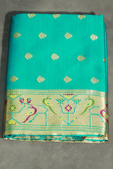 Green Paithani Pure Silk Saree with Peacock Zari Pallu and Design Border, Jacquard Full Body Butties - Green