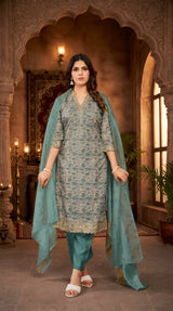 Sky Blue Cotton 3-Piece Kurti Pant Set with V-Neck Aari Work and Jacquard Dupatta for Women - Sky Blue