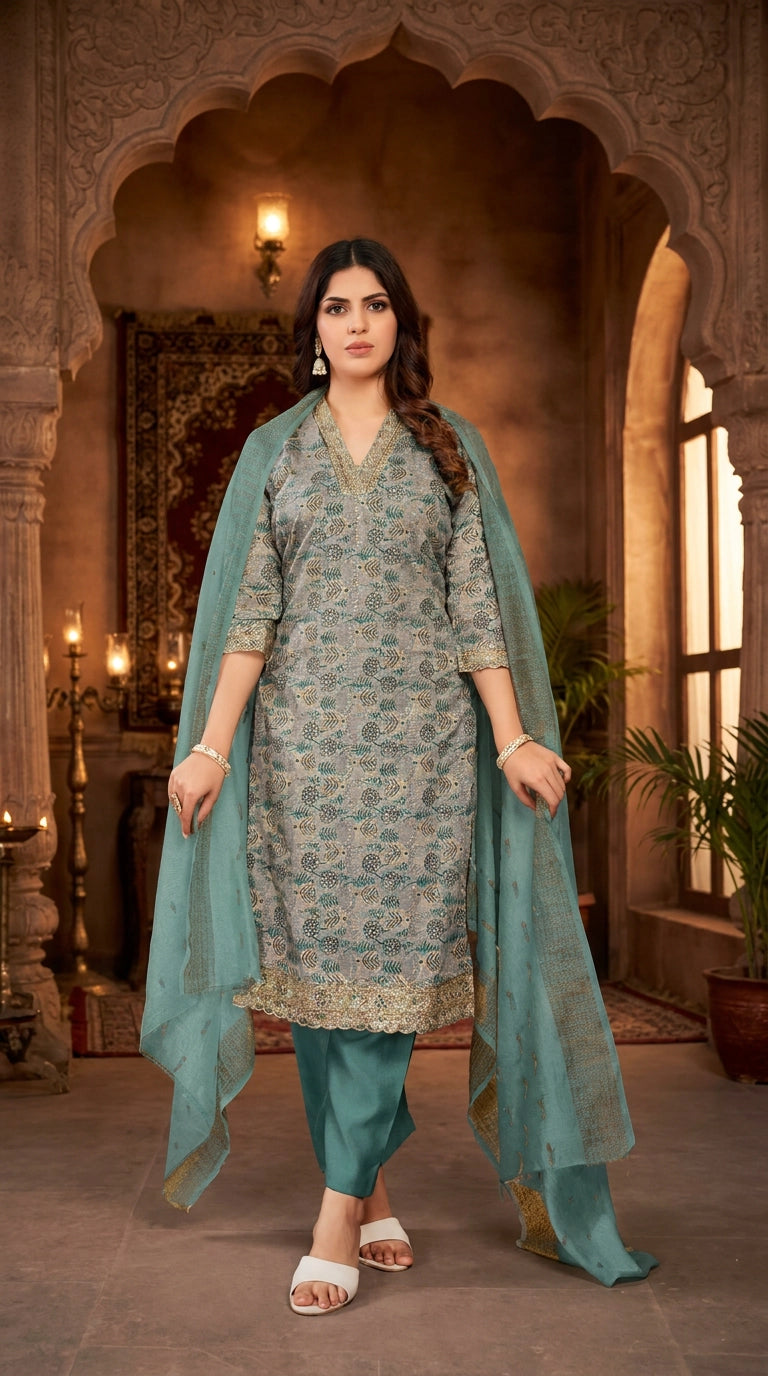 Sky Blue Cotton 3-Piece Kurti Pant Set with V-Neck Aari Work and Jacquard Dupatta for Women - Sky Blue