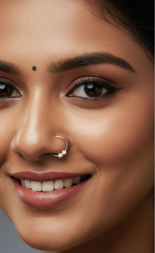 Silver Crystal Nath Nose Ring - Bridal Indian Nose Pin