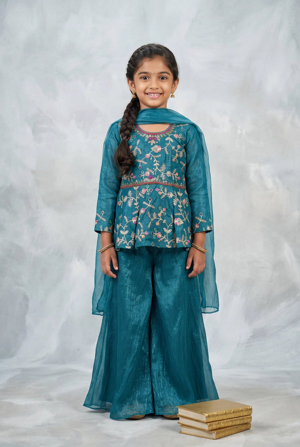 Girls Teal Green Floral Kurti with Palazzo & Dupatta 3-Piece Set - Teal Green