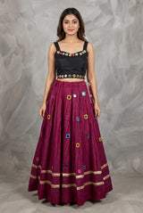 Designer Maroon Navratri Chaniya Choli with Round Mirror Work Choli & Embroidered Border Plain Skirt - Maroon