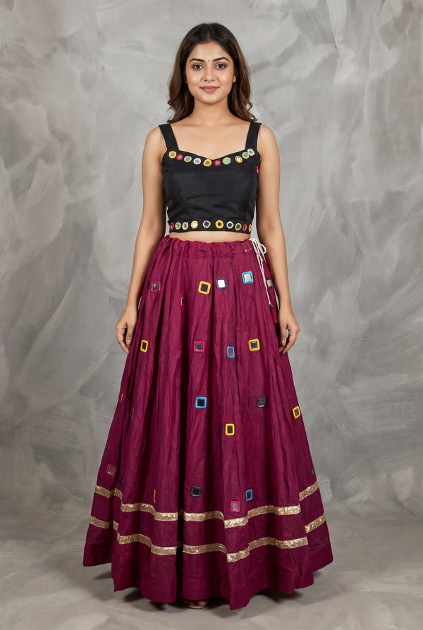 Designer Maroon Navratri Chaniya Choli with Round Mirror Work Choli & Embroidered Border Plain Skirt - Maroon