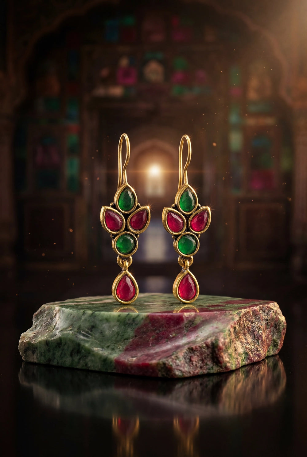 Maroon & Green Stone Drop Hook Earrings, Gold-Tone Teardrop Chandbali Style for Women - Maroon&Green