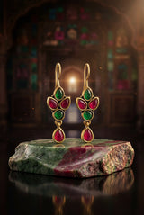 Maroon & Green Stone Drop Hook Earrings, Gold-Tone Teardrop Chandbali Style for Women - Maroon&Green
