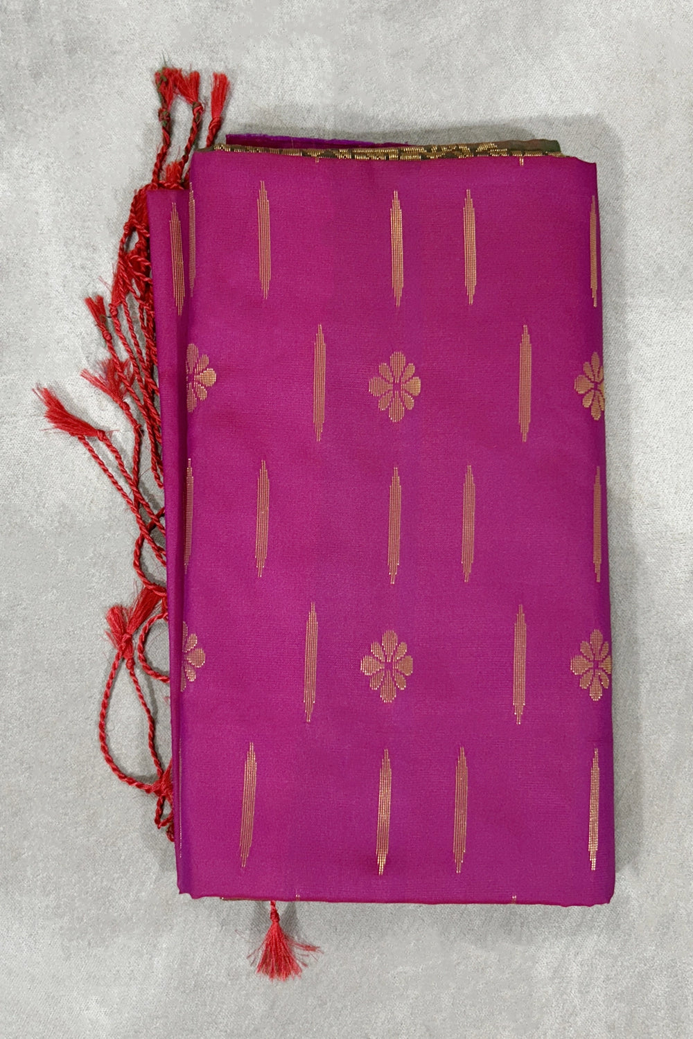 Rani Pink Korvai Soft Silk Border Saree with Gold Zari Buttas and Traditional Floral Border - Rani Pink