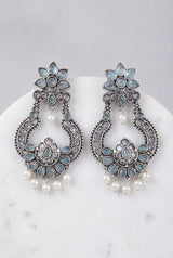 Sea Blue Oxidized Silver-Tone Floral Teardrop Stone Chandelier Earrings with Pearl Drops for Women - Sea Blue