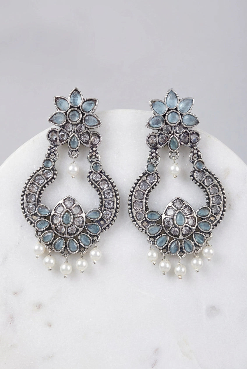 Sea Blue Oxidized Silver-Tone Floral Teardrop Stone Chandelier Earrings with Pearl Drops for Women - Sea Blue