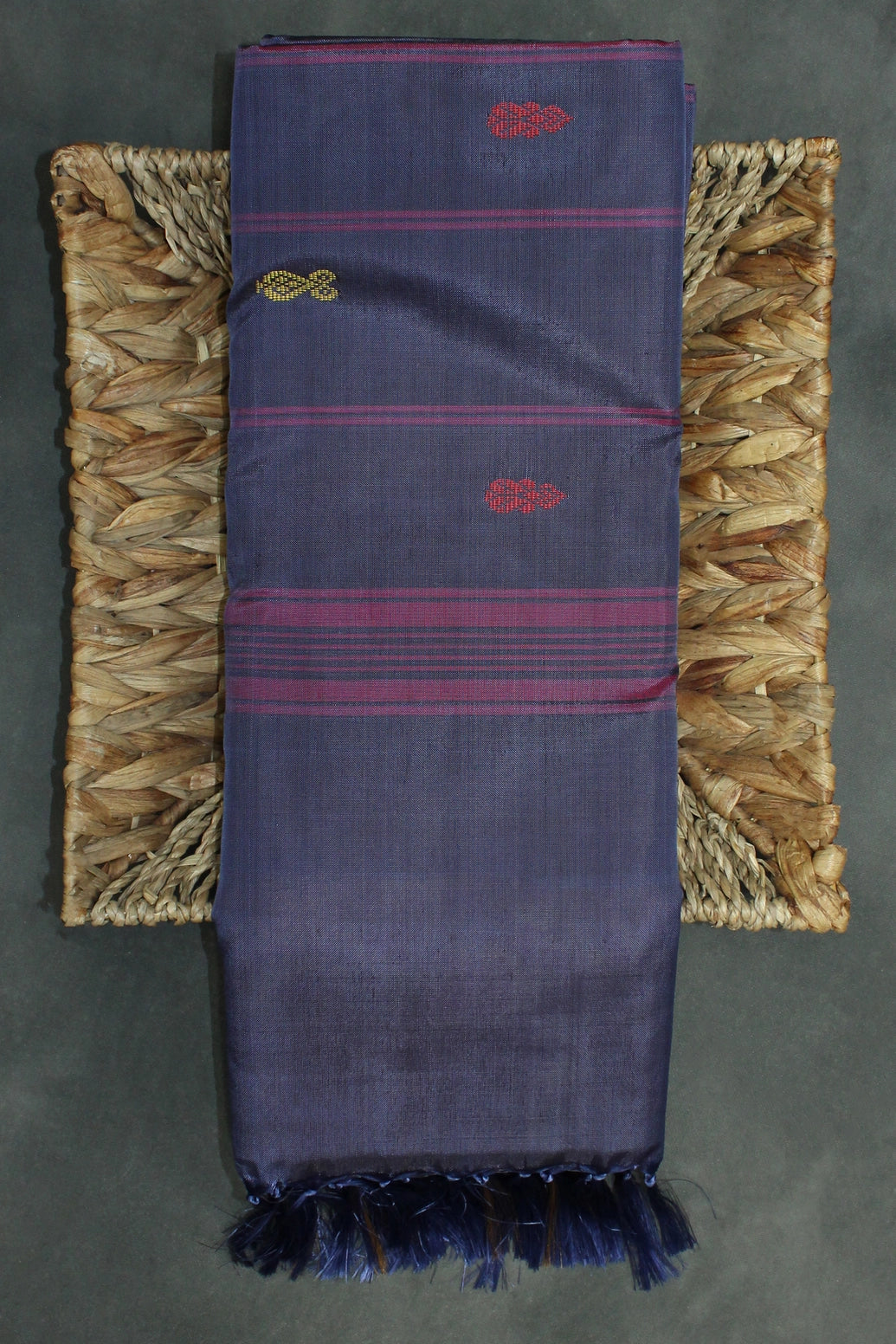 Vaazhai Naar (Banana Pith) Saree in Navy Blue and Orange with Zari Design Border, Full-Body Buttas and Blouse Piece - Orange & Navy Blue