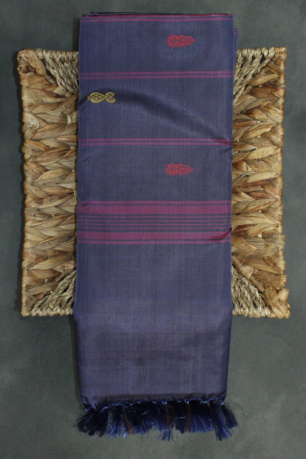 Vaazhai Naar (Banana Pith) Saree in Navy Blue and Orange with Zari Design Border, Full-Body Buttas and Blouse Piece - Orange & Navy Blue