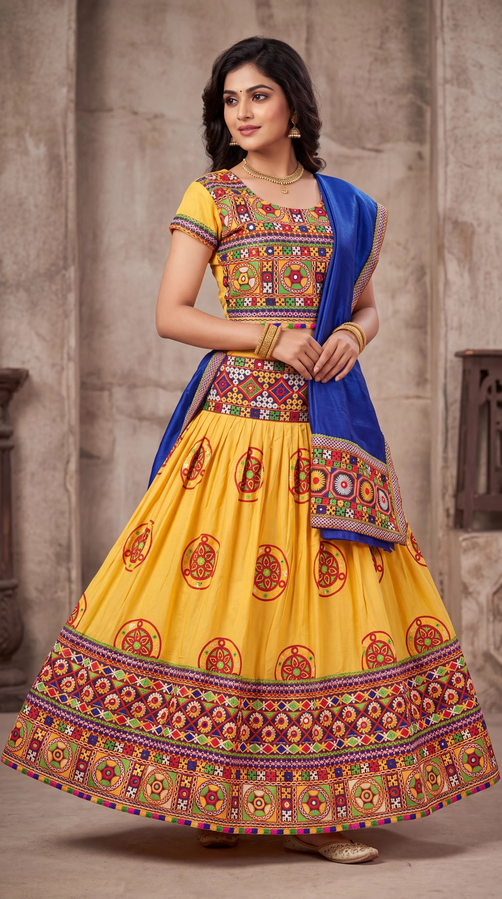 Yellow Navratri Designer Chaniya Choli with Heavy Kutchi Mirror Work Choli and Contrast Plain Skirt - Yellow