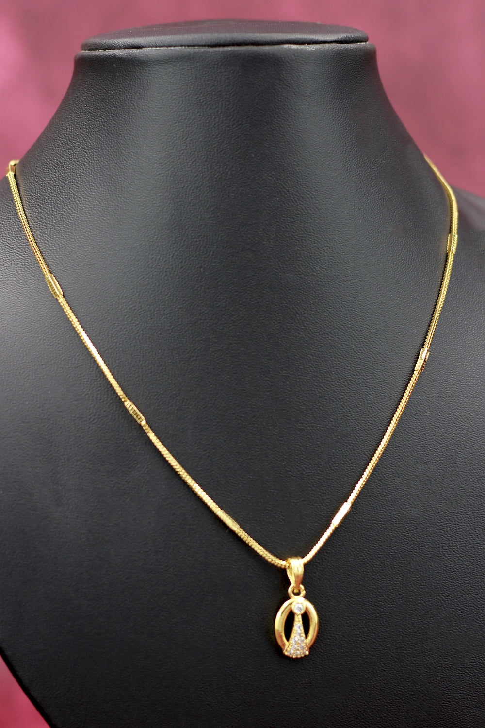 Gold-Tone Textured Chain Necklace with Small Pendant for Traditional Ethnic Wear - Gold