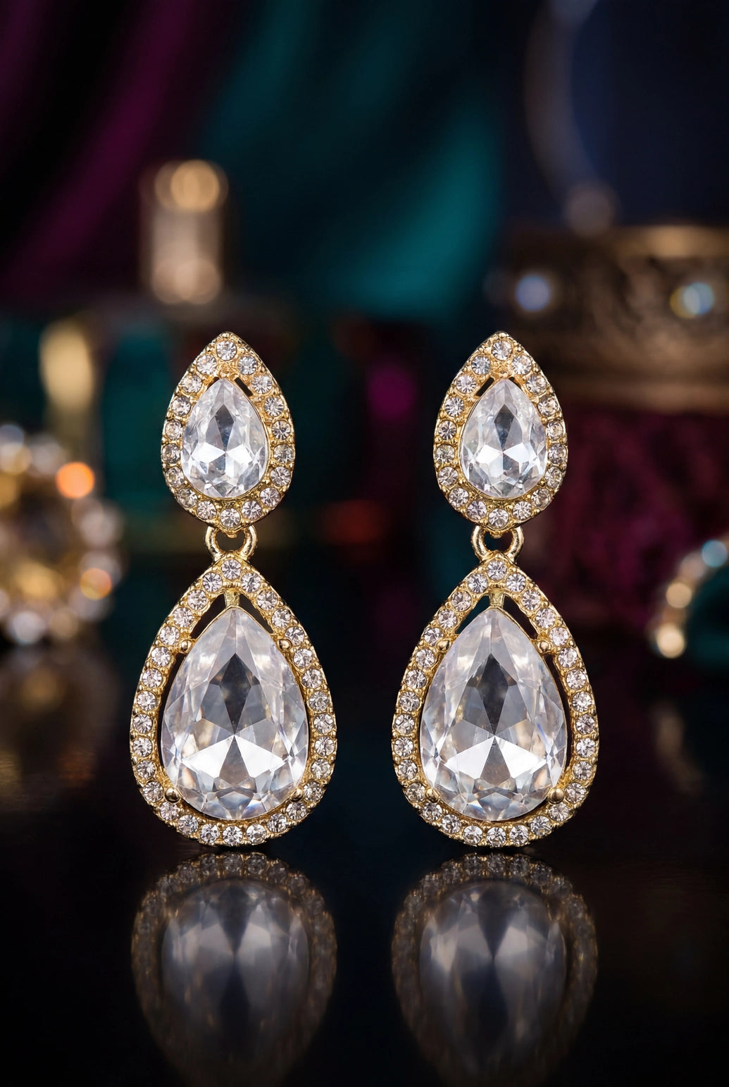 White Oval Drop Earrings with Crystal Halo Stones and Sparkling Rhinestones for Festive Wear - White