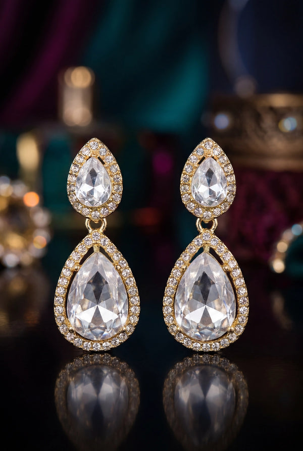 White Oval Drop Earrings with Crystal Halo Stones and Sparkling Rhinestones for Festive Wear - White