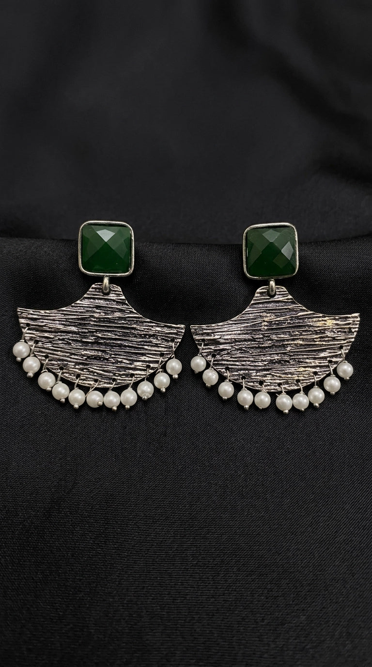 Green Stone Textured Triangle Dangle Earrings with Pearl Drops for Festive Party Wear - Green