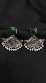 Green Stone Textured Triangle Dangle Earrings with Pearl Drops for Festive Party Wear - Green