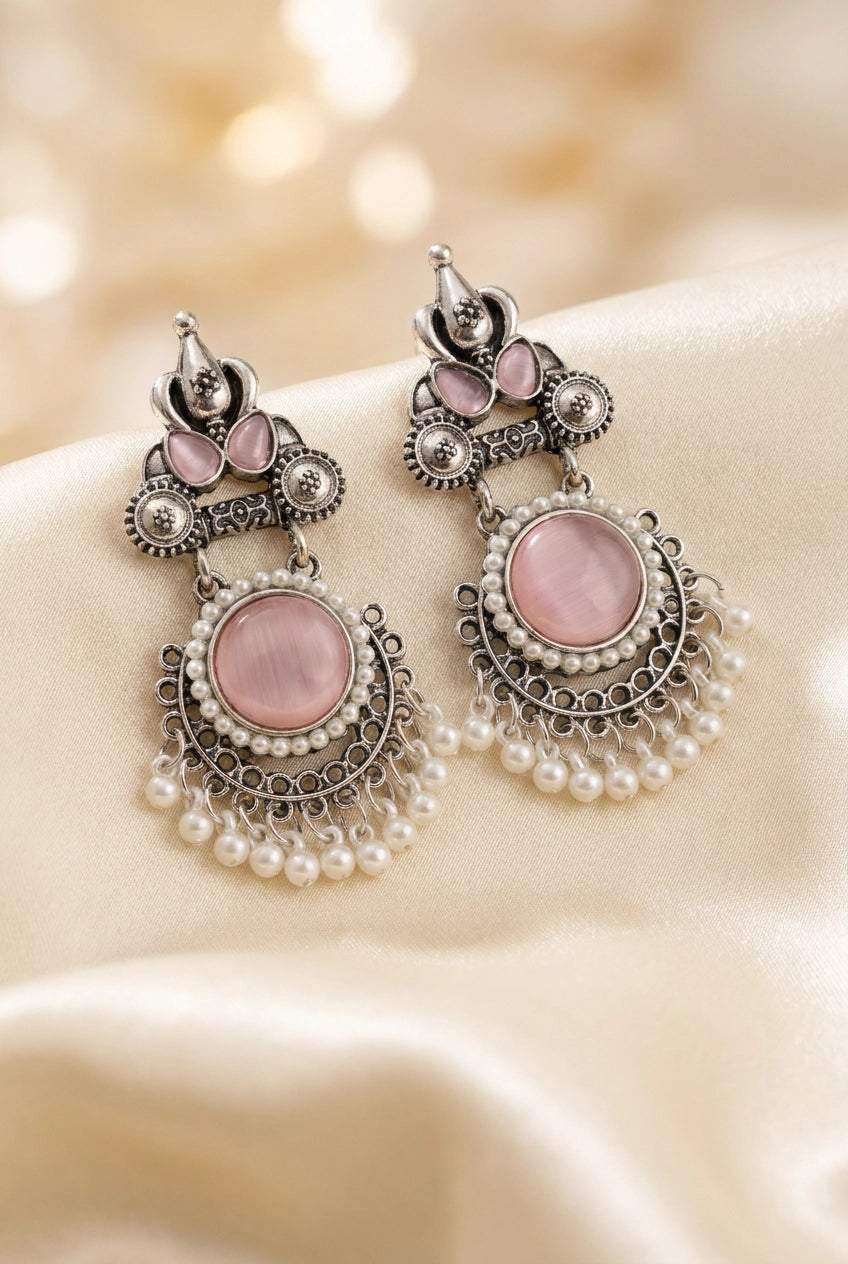Oxidized Silver-Tone Onion Pink Stone Drop Earrings with Pearl Fringe, Floral Motifs for Traditional Wear - Onion Pink