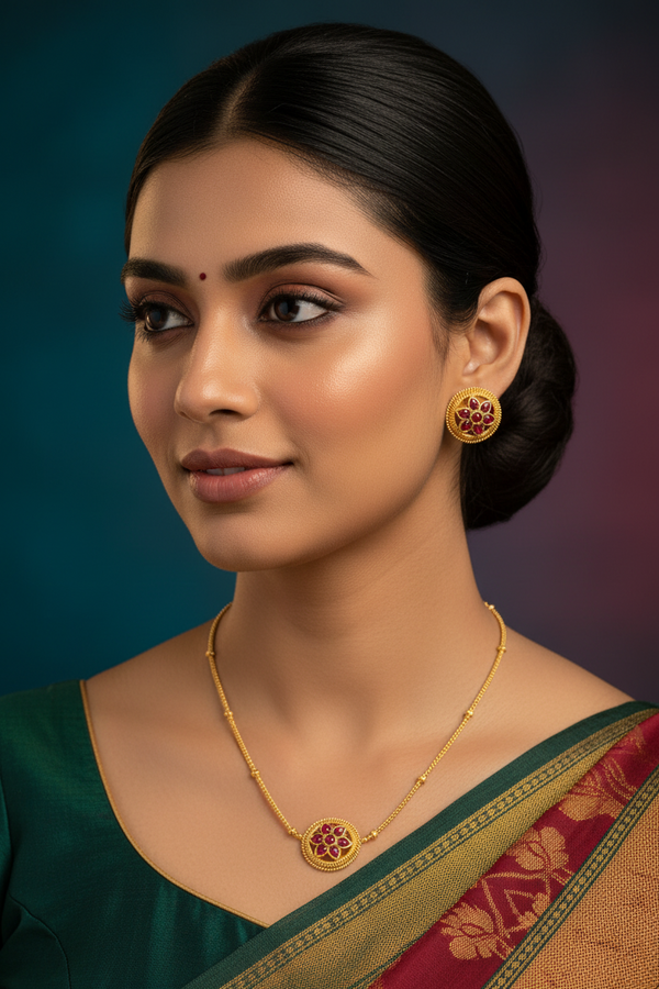 Gold-Tone Pink Stone Traditional Necklace Set with Matching Studs
