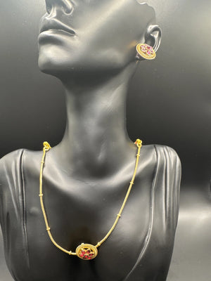 Gold-Tone Pink Stone Traditional Necklace Set with Matching Studs