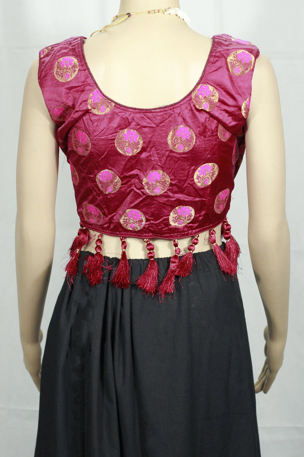 Maroon Readymade Designer Padded Blouse with Jari Work, Tassel Detailing and Back Knot for Women - Maroon