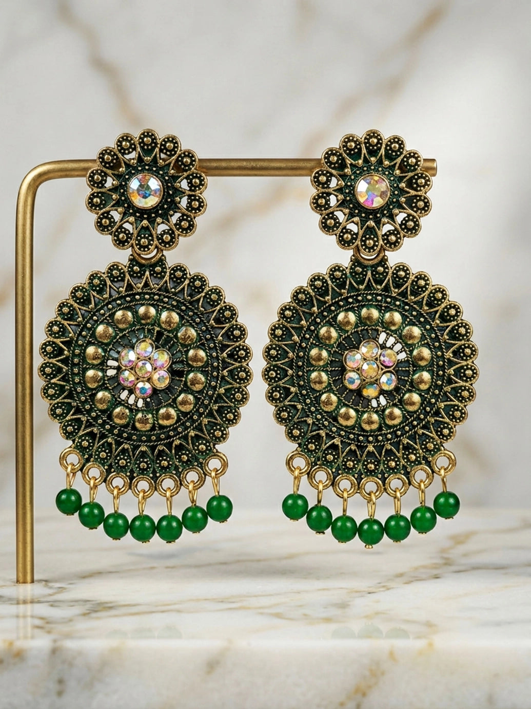 Antique Gold-Tone Ethnic Round Drop Earrings with Floral Stud & Bead Danglers (Multicolor Stone)