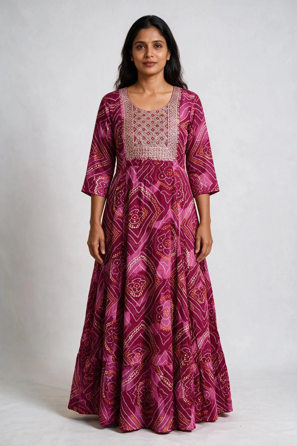 Magenta Rayon Anarkali Kurti with Golden Embroidery & Mirror Work, Embellished Neckline - Magenta