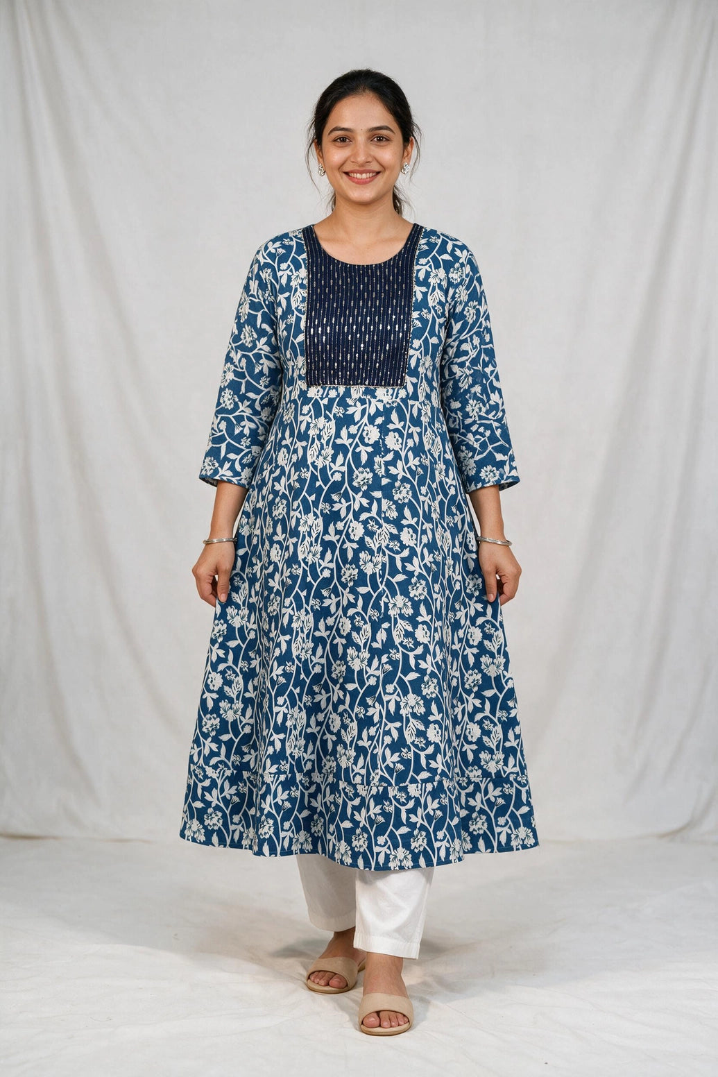 Navy Blue Cotton Anarkali Kurti with Dori Design, Geometric & Floral Print and Silver Sequin Stripe Details - Navy Blue