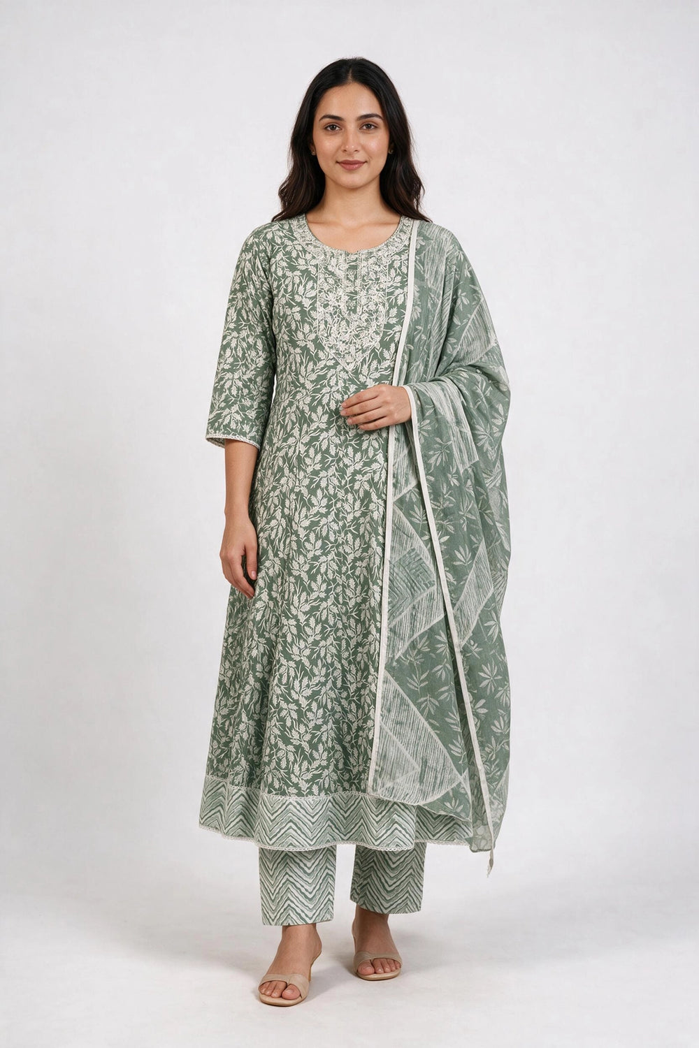 Pista Green Cotton 3-Piece Kurti Set with Floral Print, Embroidered Neckline, Elastic Frock Pant & Matching Dupatta - Pista Green