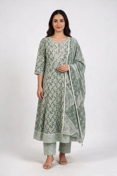 Pista Green Cotton 3-Piece Kurti Set with Floral Print, Embroidered Neckline, Elastic Frock Pant & Matching Dupatta - Pista Green