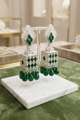 Oxidised Silver-Tone Jhumka Earrings with Green Stones and Bead Danglers for Festive Traditional Wear - Black silver