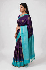 Blue & Green Soft Silk Saree with Contrast Border and Butti Design - Blue & Green