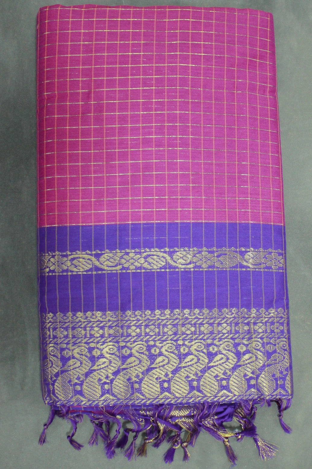 Dark Pink Kalyani Cotton Saree with Zari Checked and Peacock Border and Blouse - Dark Pink