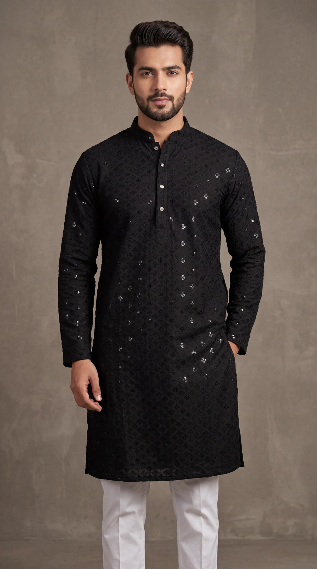 Black Lakhnavi Kurta for Men with Sequins Detail | Traditional Ethnic Kurta for Festive Wear - Black