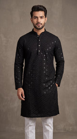 Black Lakhnavi Kurta for Men with Sequins Detail | Traditional Ethnic Kurta for Festive Wear - Black