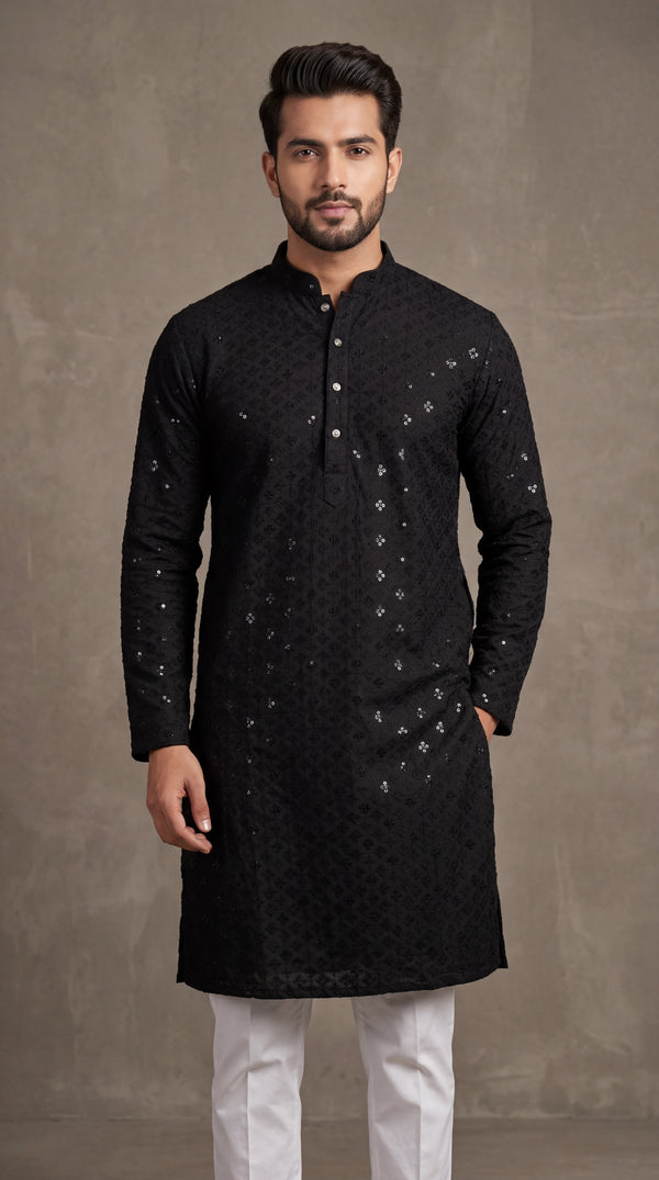 Black Lakhnavi Kurta for Men with Sequins Detail | Traditional Ethnic Kurta for Festive Wear - Black