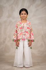Girls White Georgette Floral Palazzo 3-Piece Set with Matching Dupatta - White