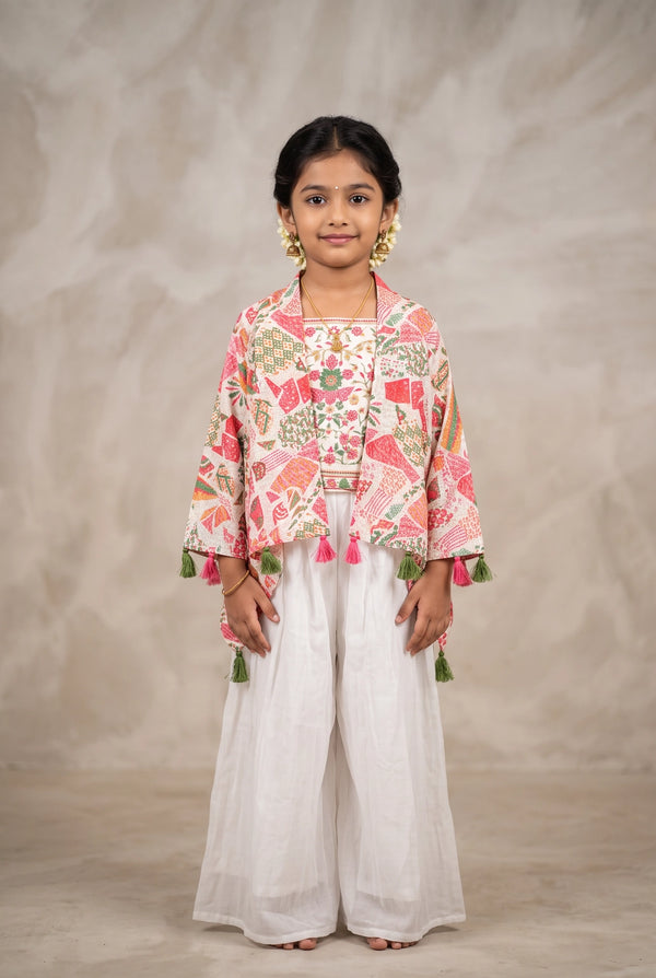 Girls White Georgette Floral Palazzo 3-Piece Set with Matching Dupatta - White