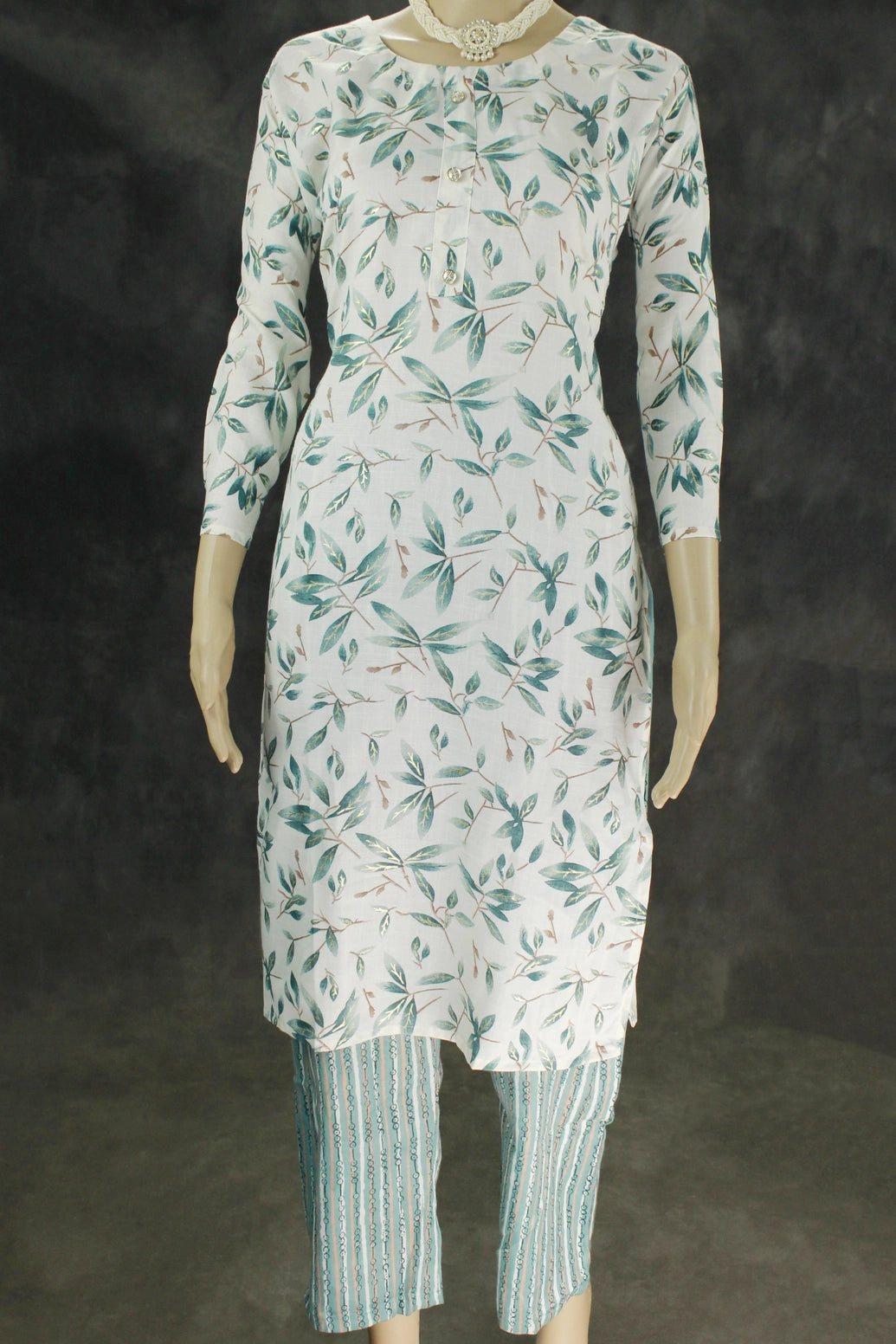 Cotton 2 piece kurta set, Kurti and Pant with Elastic, Rayon cotton fabric Kurti and Pant , kurti comes with beautiful printed Leaf design - Cream