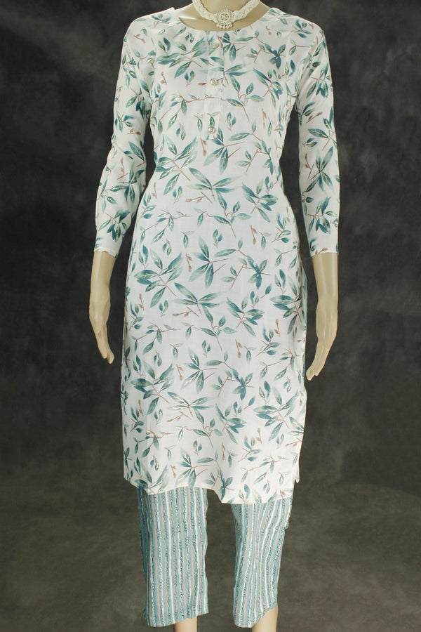 Cotton 2 piece kurta set, Kurti and Pant with Elastic, Rayon cotton fabric Kurti and Pant , kurti comes with beautiful printed Leaf design - Cream