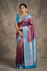 Purple Floral Soft Silk Designer Saree with Contrast Blue Border and Blouse Piece, Elegant Wedding Wear - Purple